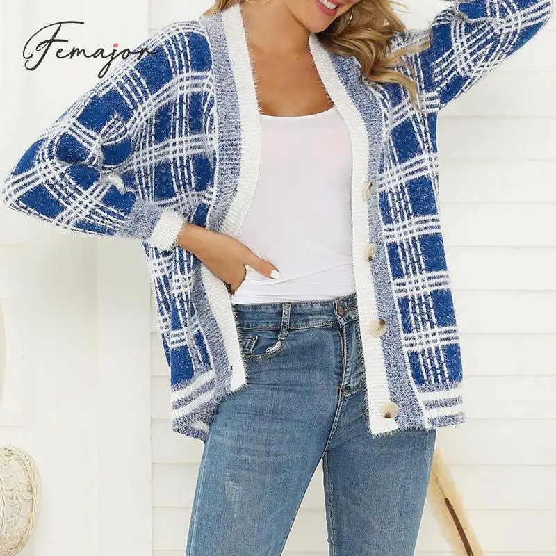 

Femajor Fashion Blue Plaid Cardigans Fall 2019 Women Warm Knitted Jackets Coats Ladies Casual Long Sleeve Vest Winter Sweaters