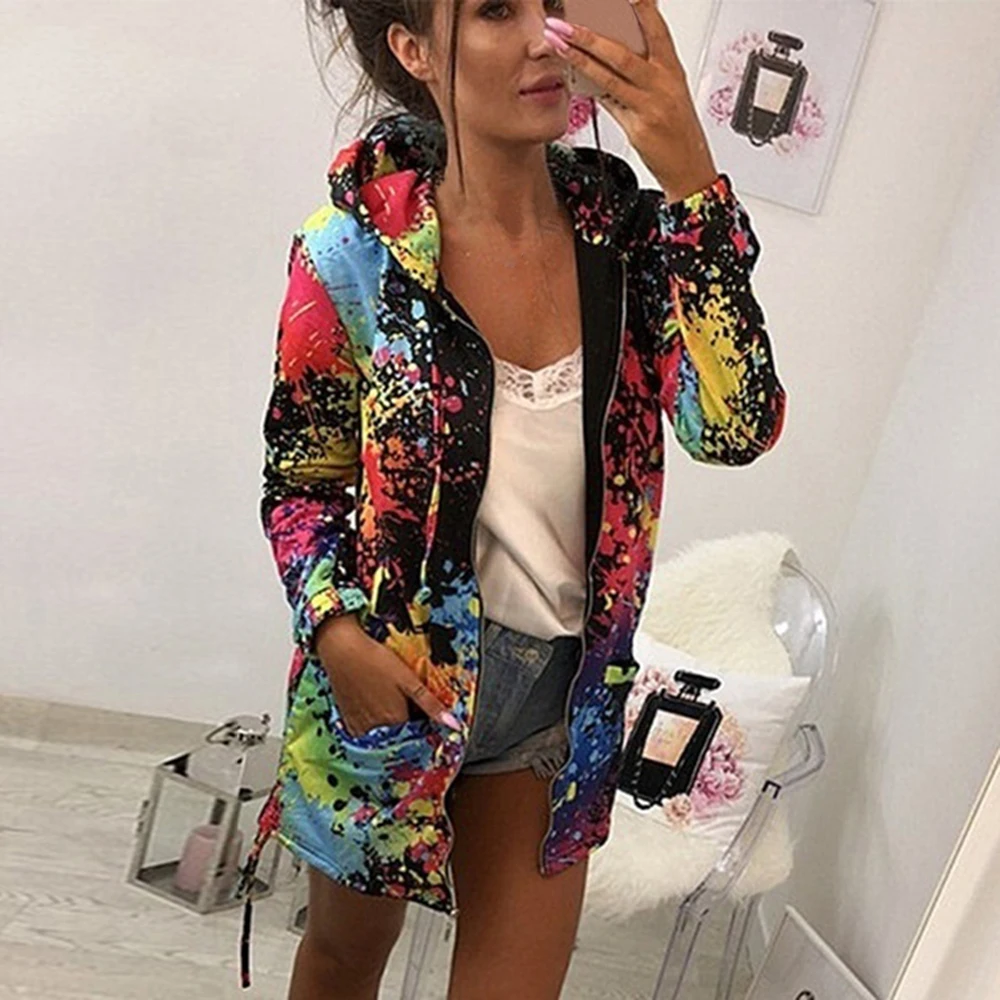 

2019 Women Autumn Fashion Jacket Tie dyeing Print Coat Outwear Sweatshirt Hooded Jacket Feminino Pockets Overcoat Clothes