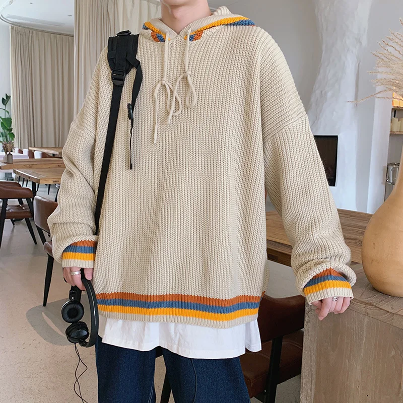 Winter Hooded Sweater Men Warm Fashion Contrast Color Casual Knit Sweaters Men Loose Long-sleeved Pullover Male Sweter Clothes