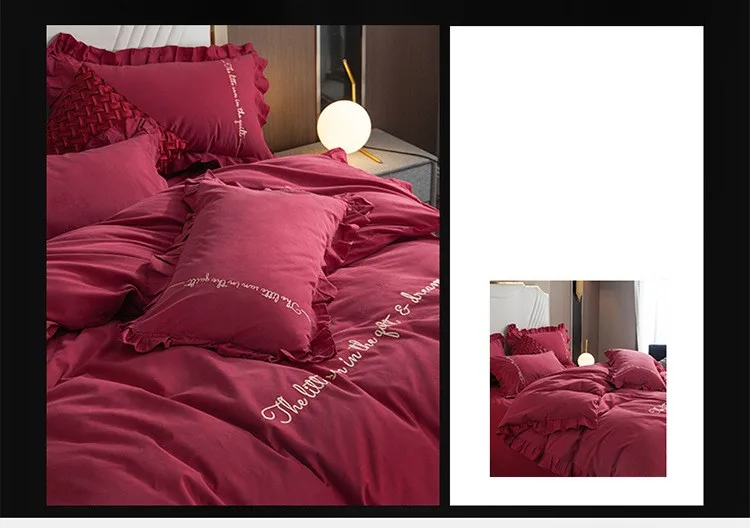 Simple Style 60support Embroidery Thickening Grinding Wool Bedding 4-piece Set Ruffled Bed Sheets Quilt Cover Soft Delicate