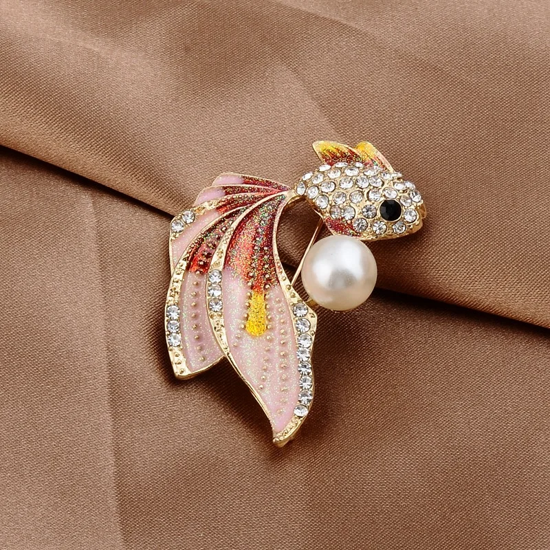 Animal Brooch Goldfish Brooch Fashion Rhinesonte Pearl Fish Pin Brooches Accessories