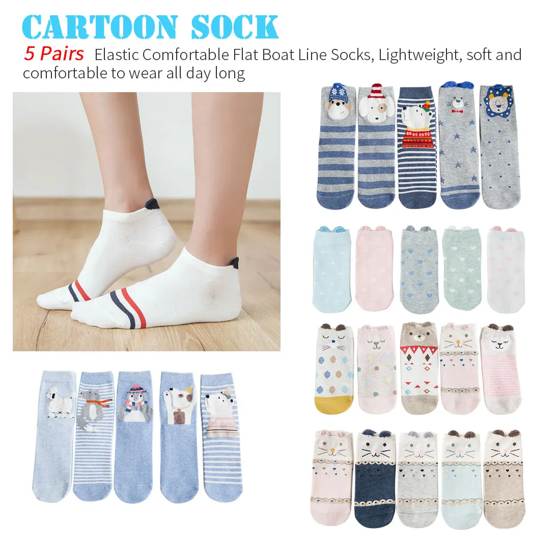 Хлопковые носки-башмачки, милые короткие носки с котом, дышащие спортивные носки для бега, Casua Multipurp, 5 пар, женские короткие носки