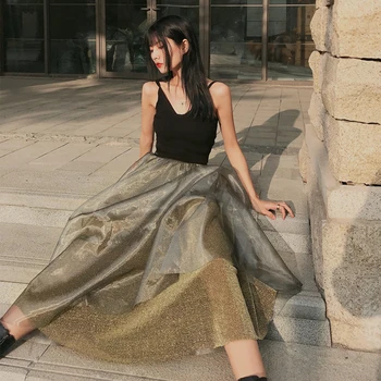 

2020 Women Spring Autumn New Street Style Mesh Shining Split Skirt Temperament High Elastic Waist Midi Ball Gown Skirt Fashion