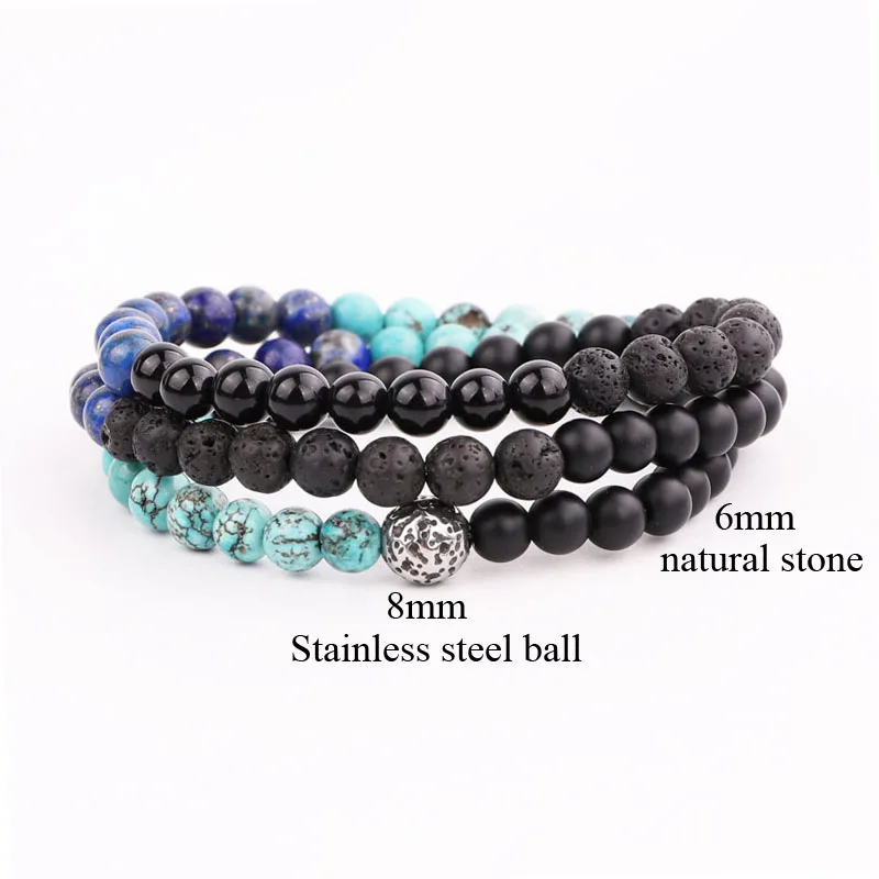 New Design Natural Stone Jewelry Male Bracelet Three Layers Beads Stainless Steel Ball Elastic Wrap Bracelet men