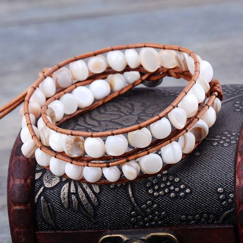 Unique Natural Random Shape Shell Beads Leather Wrap Bracelet Multi Layered Beads Bracelet Natural Stone Bracelet Jewelry
