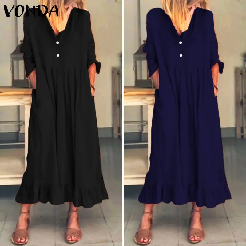 

VONDA Women Casual Long Sleeve Holiday Ruffled Long Dresses Solid Color Button Up Shirt Dress V Neck Sexy Vestidos Plus Size 5XL