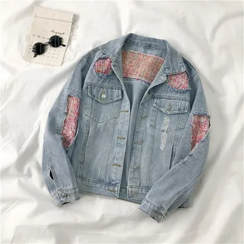

2020 Spring Korean Plus size Short Loose Tweed Stitching Hole Casual Jacket jacket Women Chaqueta mujer Washed Blue Denim jacket
