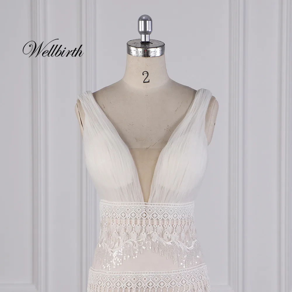 Реальное изображение Wellbirth Vestido de novia v-образный вырез тюль русалка свадебное платье с коротким рукавом свадебное платье jc059