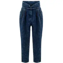 Джинсовые брюки для женщин, высокая талия, пэтчворк, тяжелые, с заклепками, длинные джинсы для женщин,, весна-осень, модный стиль