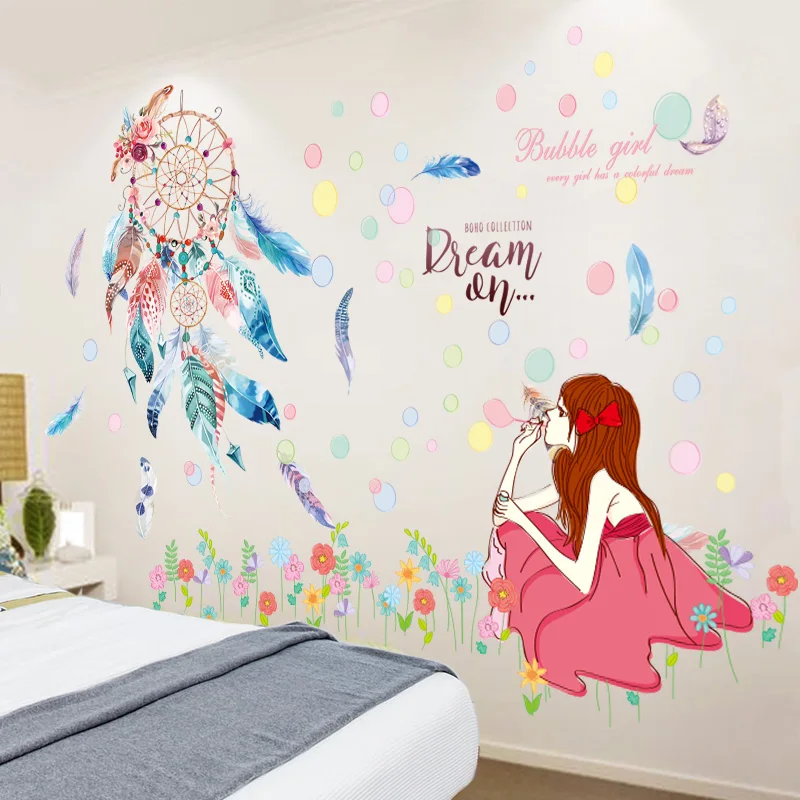 Перья Ловец наклейки на стену сделай сам Мультяшные цветы для девочек детской