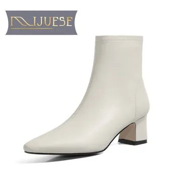 

MLJUESE 2021 women ANKLE boots Cow leather Winter short plush Square Toe zipper High heels female boots size 42