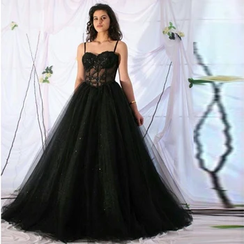 

Black Sweetheart Spaghetti Strap Long Prom Gowns Beaded A-Line Tulle Formal Evening Party Dresses Special Occasion Gowns