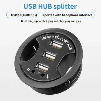 

USB 2.0 Hub Office Table Grommet USB Extender Adapter Desktop Phone Charger with Headphone Mic Port