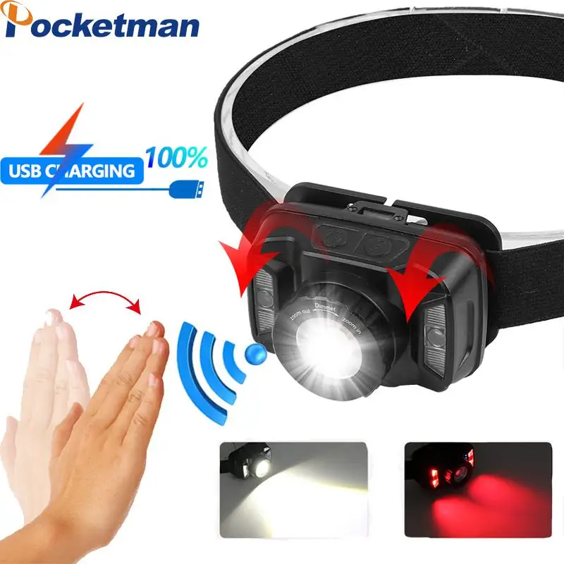 8000LM Powerful Headlamp 6*COB+LED Red Llight Hand Motion Sensor Headlight Head Light Waterproof Zoom Bicycle Camping | Освещение
