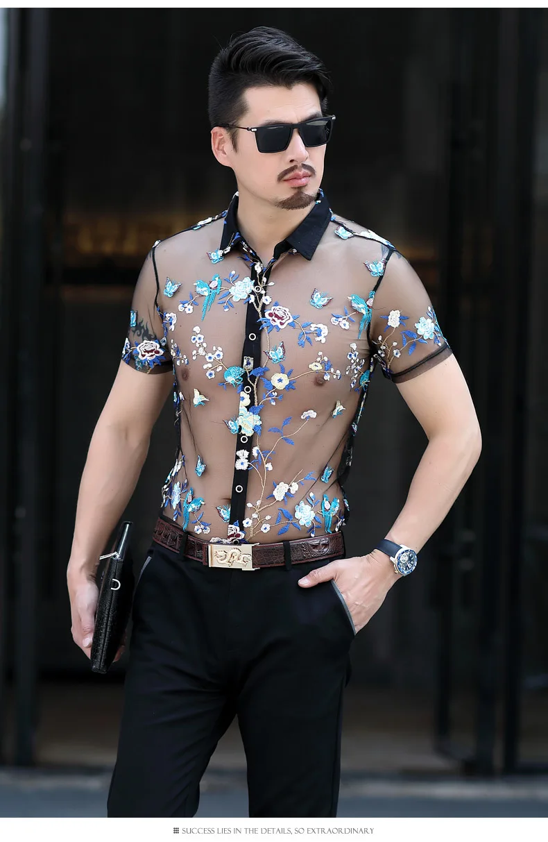 Супер сексуальная прозрачная рубашка Emboridery рубашка Camisa Hombre Slim Fit Mesh рубашка мужская одежда Топ 4xl Цветочная прозрачная рубашка