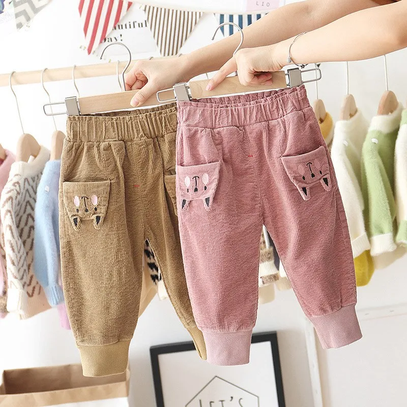 

2019 Winter Baby Girls Kids Velvet Pants Cartoon Pocket Casual Trousers Infants Children Clothes Wear Thicken Long Pant S9913