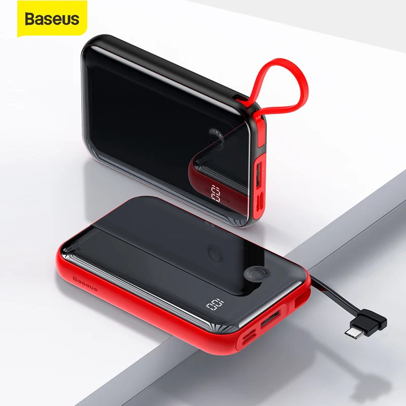 Baseus-Batería Externa de 10000mah con Cable, cargador portátil con pantalla Digital tipo C, USB, 3 entradas, 2 salidas, Powerbank para teléfono