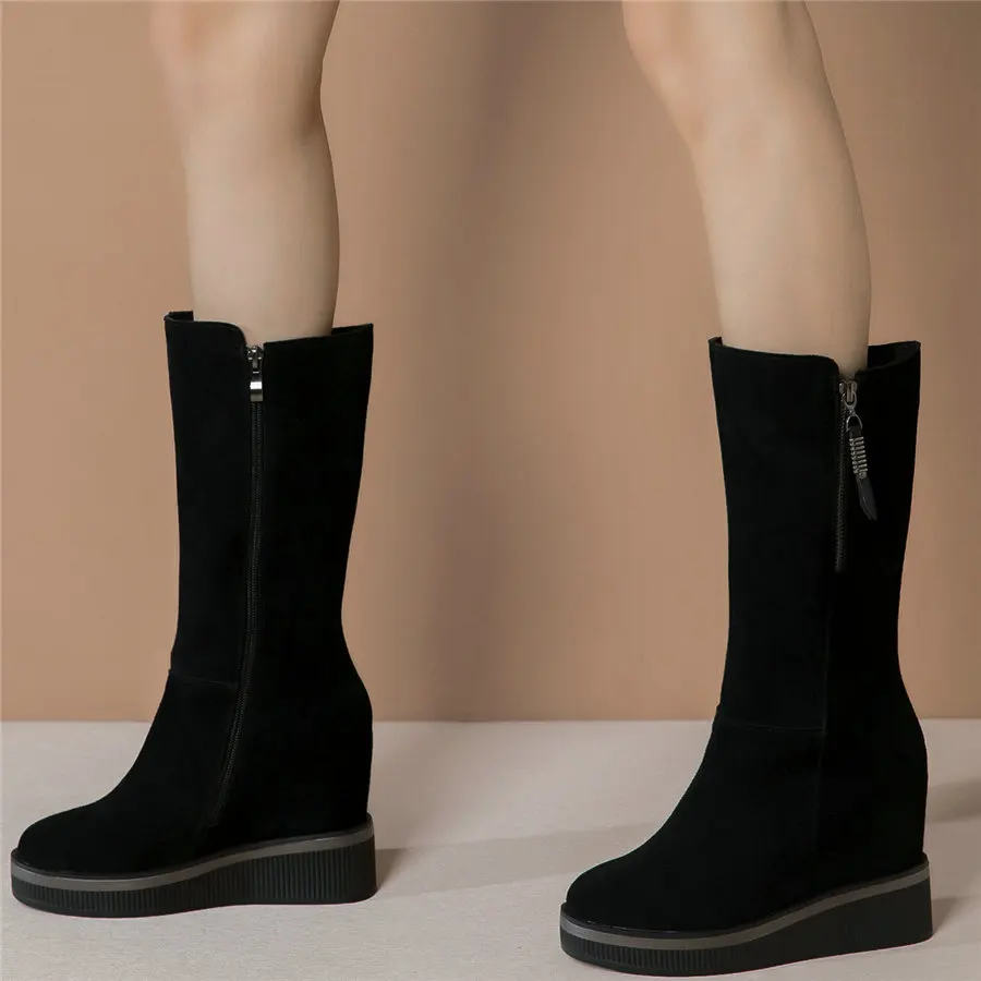 

Туфли-лодочки женские из натуральной кожи, ботильоны на танкетке, высокие берцы, круглый носок, модная повседневная обувь, черные