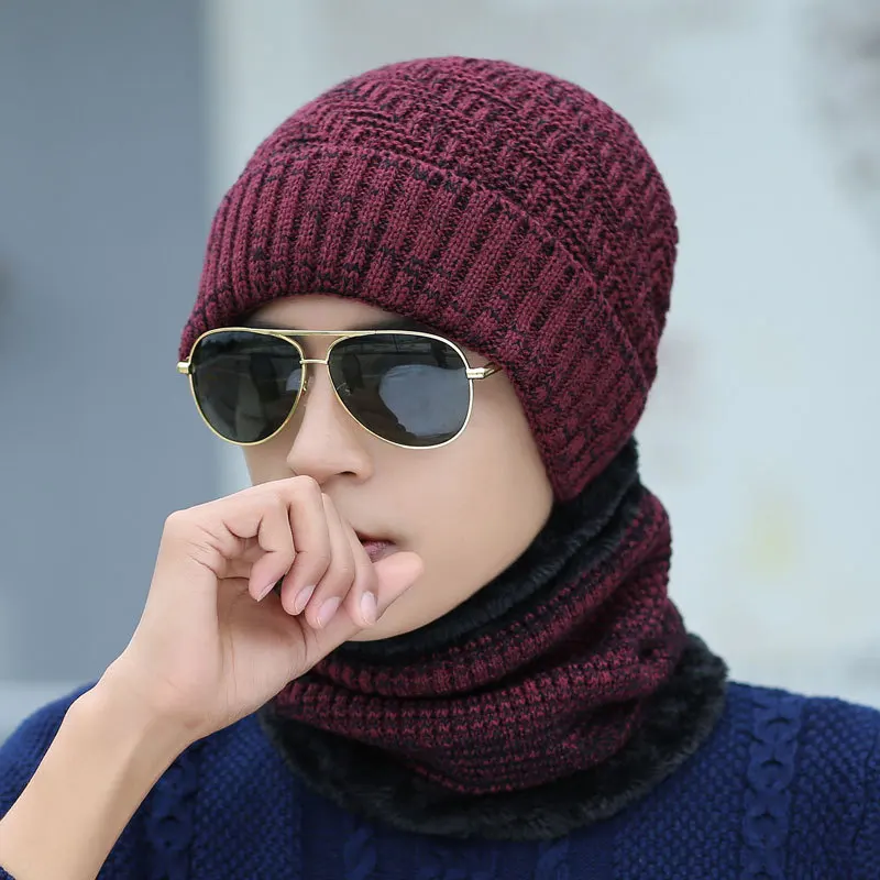 Зимние теплые плотные шапочки Skullies, мужская вязаная шапка, модные ветрозащитные шапки, шарфы, мужские уличные велосипедные шапки, хип-хоп шапка, Прямая поставка - Цвет: Hat and Scarf -5