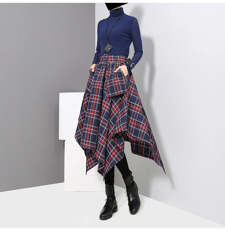 [EAM] 2021 New Spring High Waist Red Plaid Split Joitn Loose Big Hem Half-body Skirt Women Fashion Tide All-match JD402