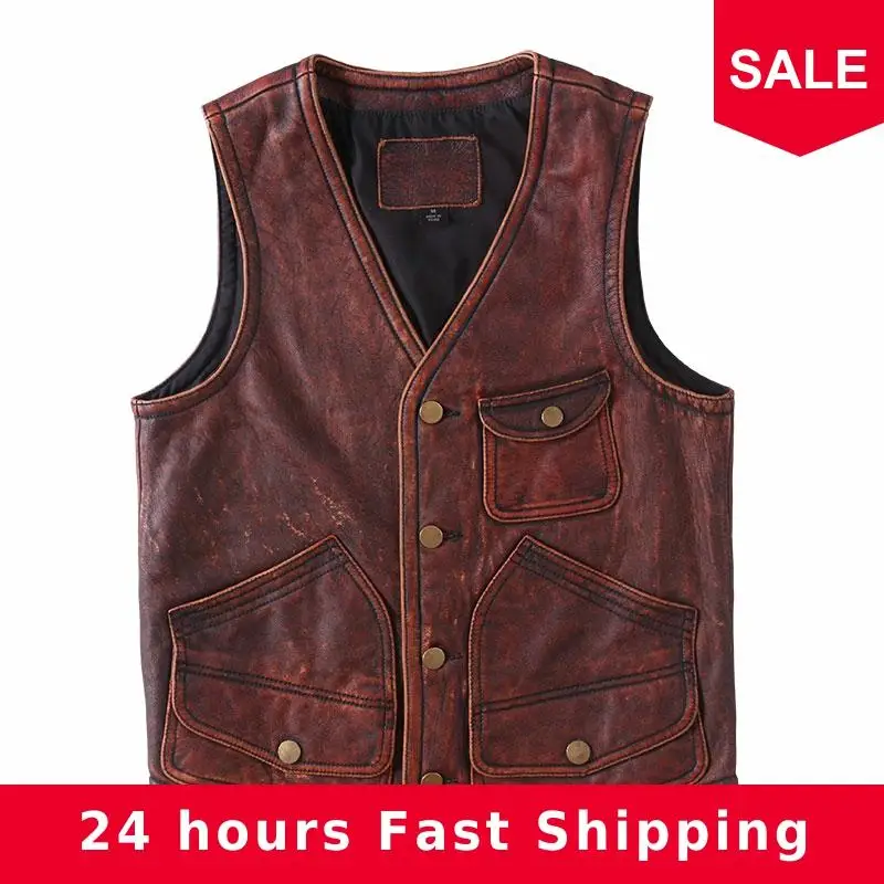 

2020 Vintage Brown Men Short Leather Vest Large Size 5XL Genuine Cowhide Russian Autumn Single Breasted Slim Fit Natural Vest