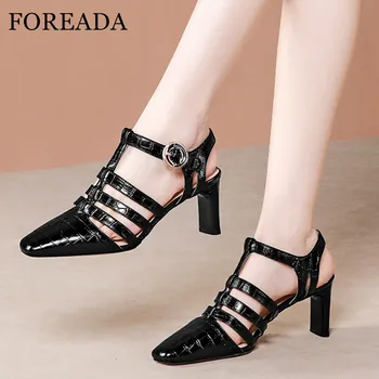 

FOREADA Women Gladiator Pumps Natural Genuine Leather High Heels Cow Leather Slingback T-Strap Buckle Square Toe Shoes Rome Lady
