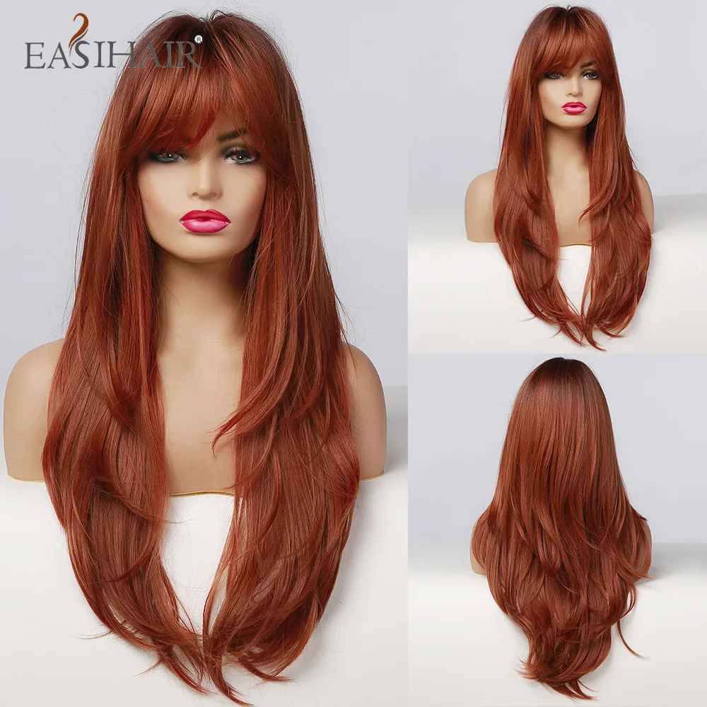 Resistentes ao Calor da Parte Média da Fibra Colorida para Mulheres Longas da Onda de Easihair com Raízes Escuras do Cabelo Perucas Negras Vermelhas Sintético 8 Perucas resistentes ao calor da parte média