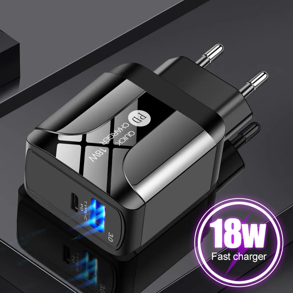 

OuhaobinEU Plug Fast Wall Chargers QC 3.0 Quick Charger 18W USB PD Plug Two Power Ports Travel Charger For iPhone Samsung Xiaomi