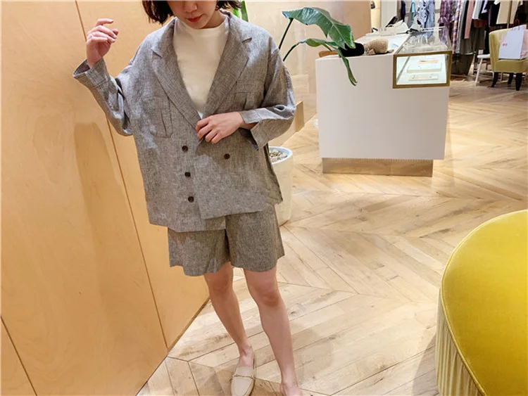 

S Home 19 Spring And Summer New Style Loose-Fit Flax Fold-down Collar Double Breasted Suit Jacket Tops Women's S190407sy
