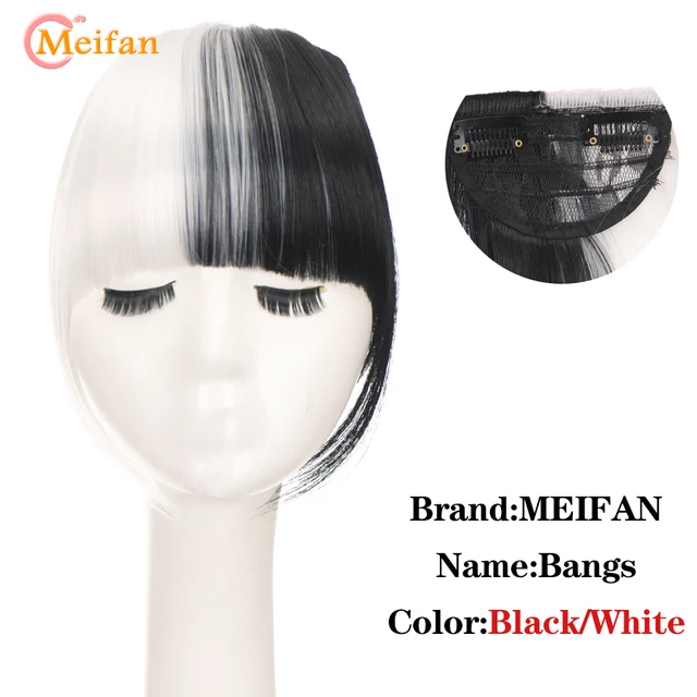 MEIFAN Clip in Hair Bangs Extension Hairpiece Synthetic Natural Fake Bang Hair Piece Air Bangs Clip on Bangs Black Brown BLACK-White