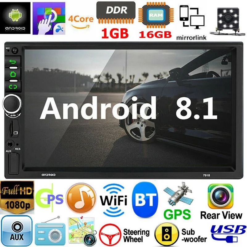 7" Double 2Din Quad Core Android 8.1 Car Stereo MP5 Player GPS Navi FM Radio Cam 