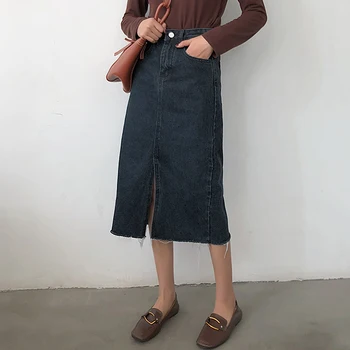 

Streetwear Black Denim Skirts Womens Summer High Waist Split Jeans Skirt Korean Plus Size Midi Skirt Ladies faldas jupe femme