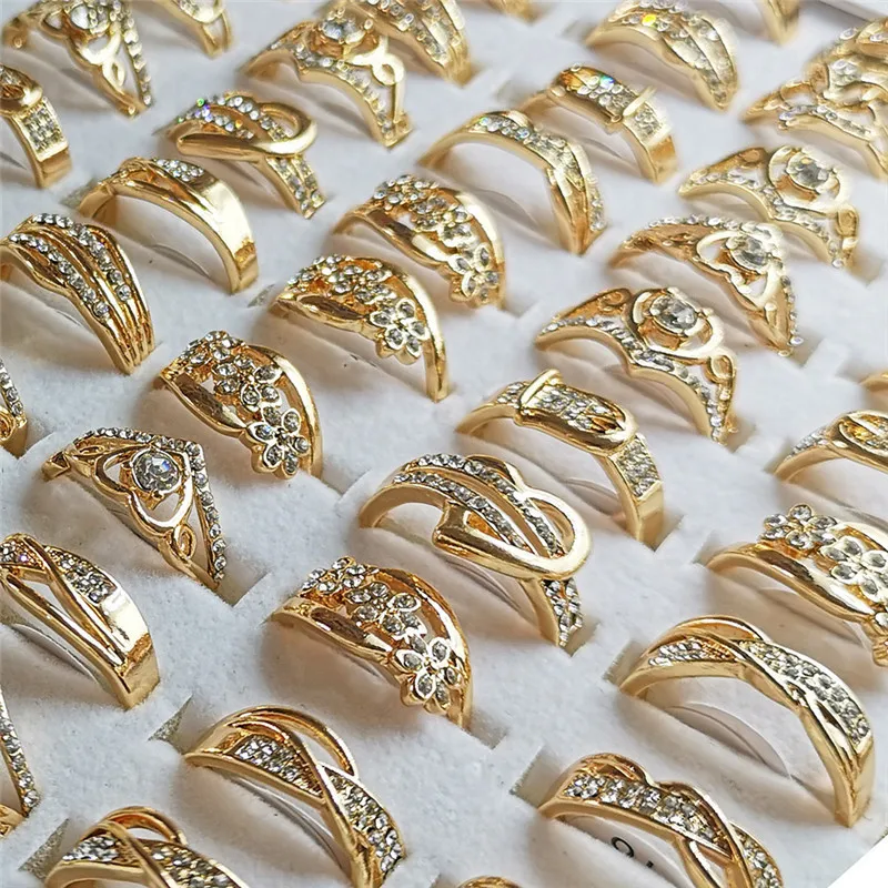 Crystal Rings 10Pcs Fashion Mixed Shiny Golden Color For Women Girls
