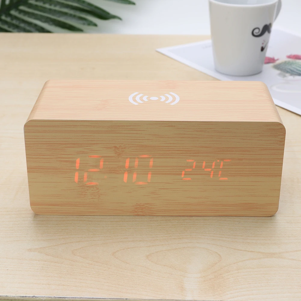 #1 Digital Table Led Alarm Clock with Wireless Charger Qi Wooden Wireless LED Mirror Clock 75% Charging Efficiency Sound Control