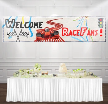 

9.8x1.5ft Car Racing Themed Birthday Backdrops Racing Flag Black White Grid Red Photo Background Birthday Party Banner BN-1013