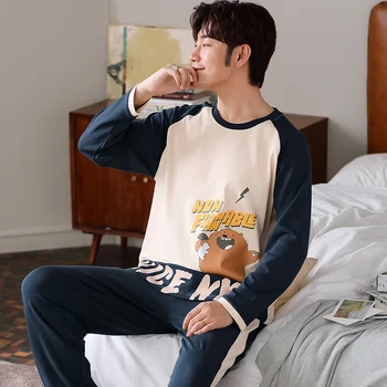 

Free shipping Winter And Autumn Mens Pyjamas 100% Cotton Pajamas Long-sleeve Casual Men Pajama Set Plus Size L-.XL Sleepwear