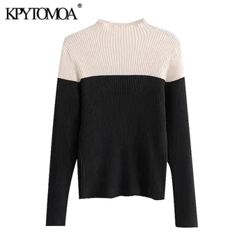 

KPYTOMOA Women 2020 Fashion Patchwork Stretch Slim Knitted Sweater Vintage High Neck Long Sleeve Female Pullovers Chic Tops