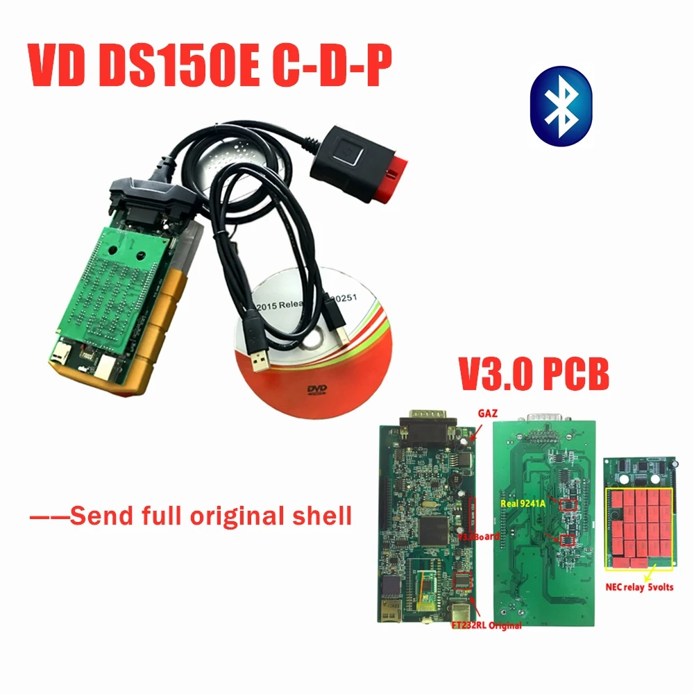 VD TCS C-D-P 2016R0 keygen с bluetooth vci 3,0 pcb сканирование для delphis VD DS150E C-D-P obd2 Диагностический Инструмент+ 8 шт. Автомобильный Кабель - Цвет: with bluetooth