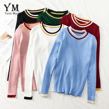 

YuooMuoo College Style Patchwork O Neck Women Sweater 2019 Spring Autumn Female Pullover Women Basic Sweaters Knit Tops Femme