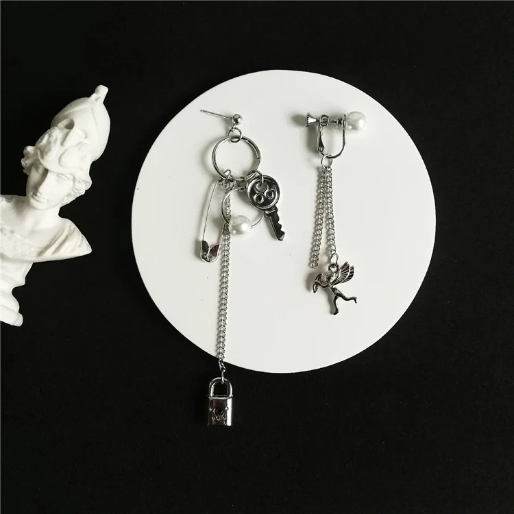 

Cute Cupid Angel Pendant Stainless Steel earring, Long Chain Lock Shaped Punk Luck Jewelry for Cool Women Friendship Girl Gifts