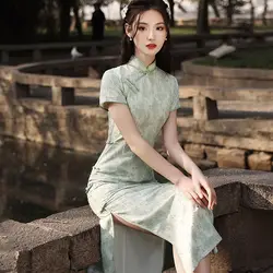 Cheongsam Dress Women Plus Size 2022 Summer Chiffon Jacquard Traditional Chinese Style Slim Fit Short Sleeve Qipao Dresses Woman
