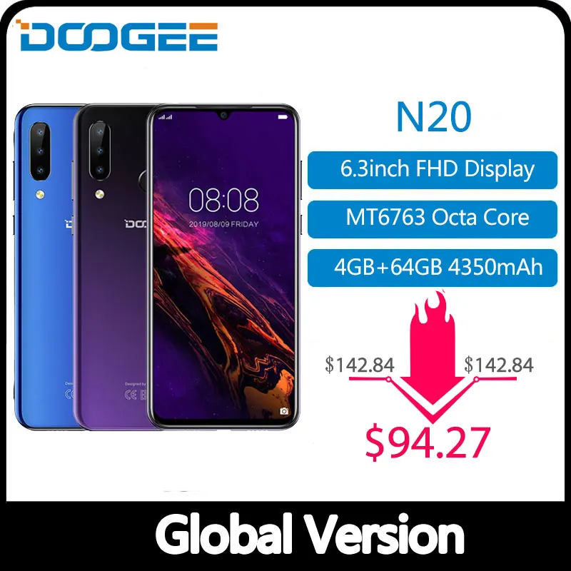 DOOGEE N20 мобильный телефон, отпечаток пальца, 6,3 дюймов, FHD+ дисплей, 16 МП, тройная задняя камера, 64 ГБ, 4 Гб, MT6763, четыре ядра, 4350 мАч, мобильный телефон LTE