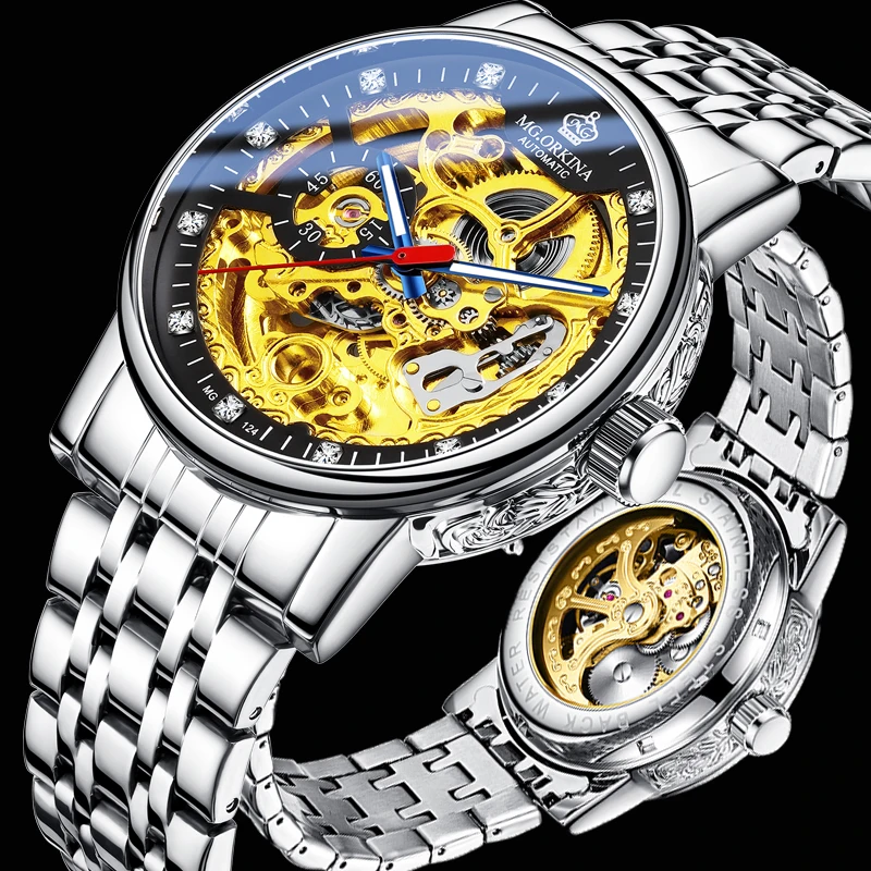 Mg.orkina Mg124 Mens Watches Luxury Top Brand Stainless Steel Skeleton