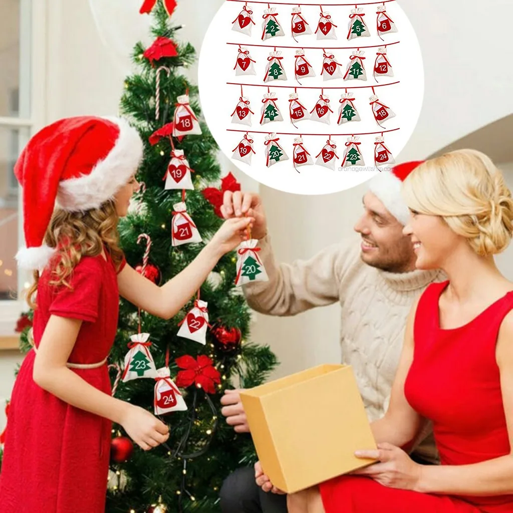 OurWarm 24/31 Days Hanging Pull Flag DIY Christmas Advent Calendar Gift Bags Happy New Year Countdown Xmas Decoration For Home