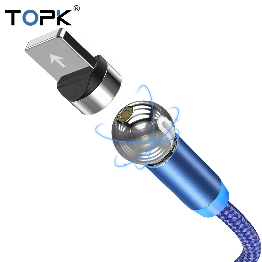 Магнитный кабель TOPK AM28, Micro USB кабель, вращающийся на 360 градусов, Магнитный зарядный шнур для телефона Xiaomi, samsung, huawei - Цвет: Blue 8-Pin Cable