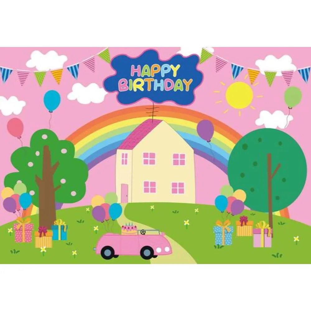 Funnytree Spring 1st Birthday Kid Background Baby Shower Tree Balloon Blue Banner Pig House Backdrop Photozone Photography Vinyl photo backdrop photography auxiliary props