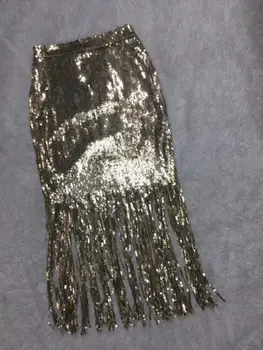 

2019 Mesh Elegant Female Party Skirt Vestidos Summer Women Fashion Sexy Sequins Tassel Gold Bandage Skirt