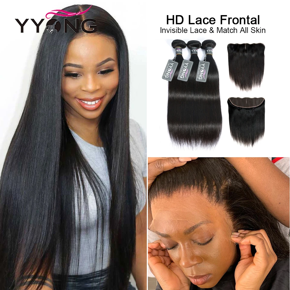 YYong 26in HD Transparent 13×4 Lace Frontal With Bundles Straight Bundles With Ear To Ear Lace Closure