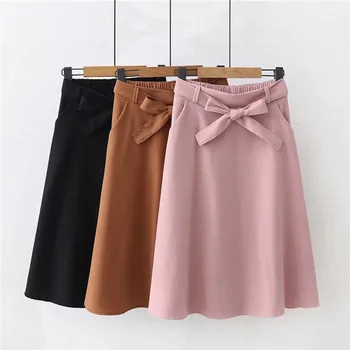 

Elegant Women Skirt High Waist Pleated Knee Length Skirts Vintage A Line Big Bow Skirts Jupe Femme