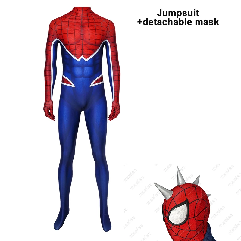 with mask detachable Игра Ps4 Человек-паук костюм Человек-паук панк Рок возвращение домой Косплей Карнавальный супергерой комбинезон для Хэллоуина мужской джинсовый жилет Zentai - Цвет: with mask detachable